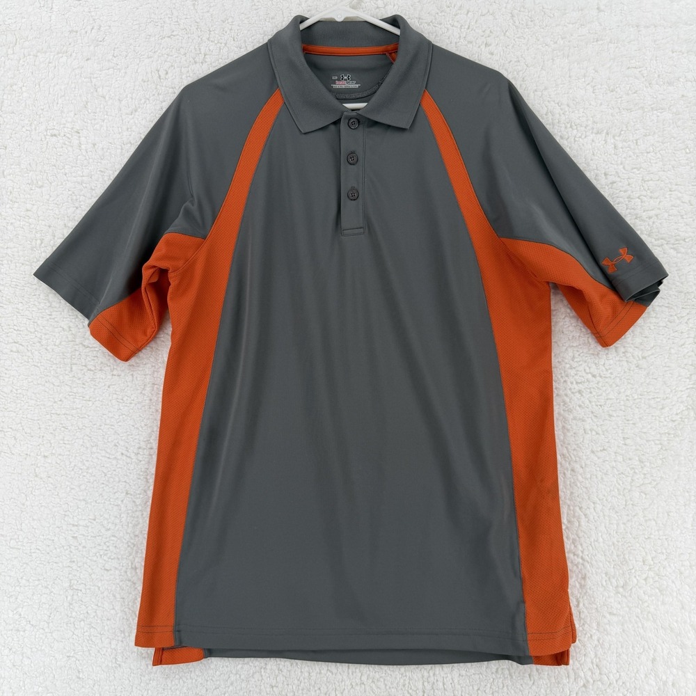 Under Armour Polo Shirt Mens Medium Gray Orange HeatGear Golf Athletic Fit